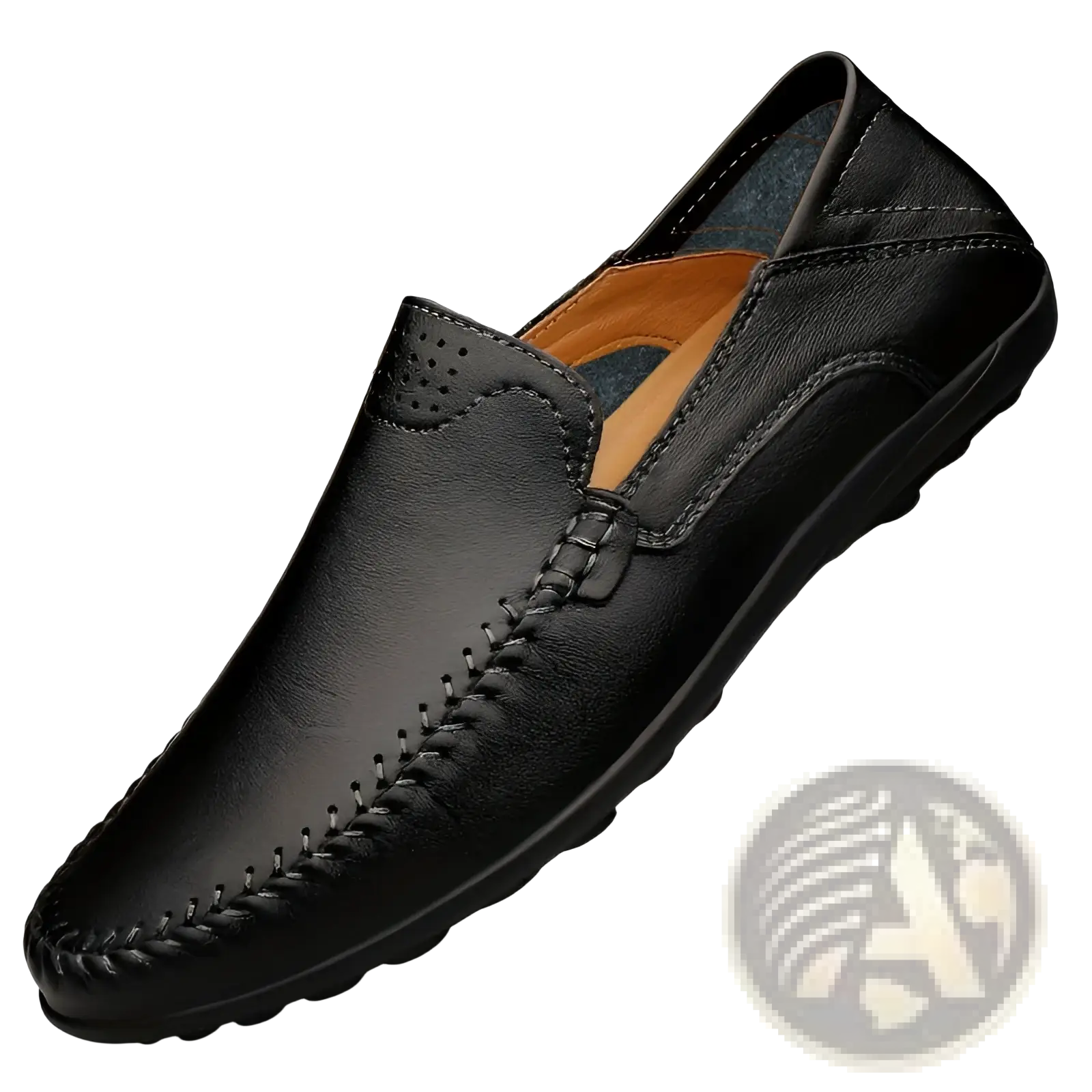 Men’s business casual black cowhide leather slip-on loafer with braided stitching and perforated detailing