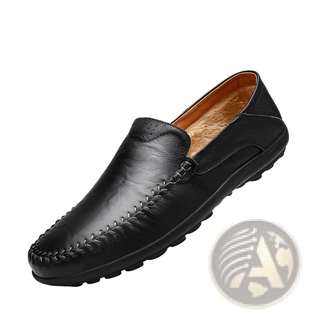 Men’s business casual cowhide leather black slip-on loafer with stitched toe cap and tan fleece lining