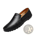Men’s business casual cowhide leather black slip-on loafer with stitched toe cap and tan fleece lining