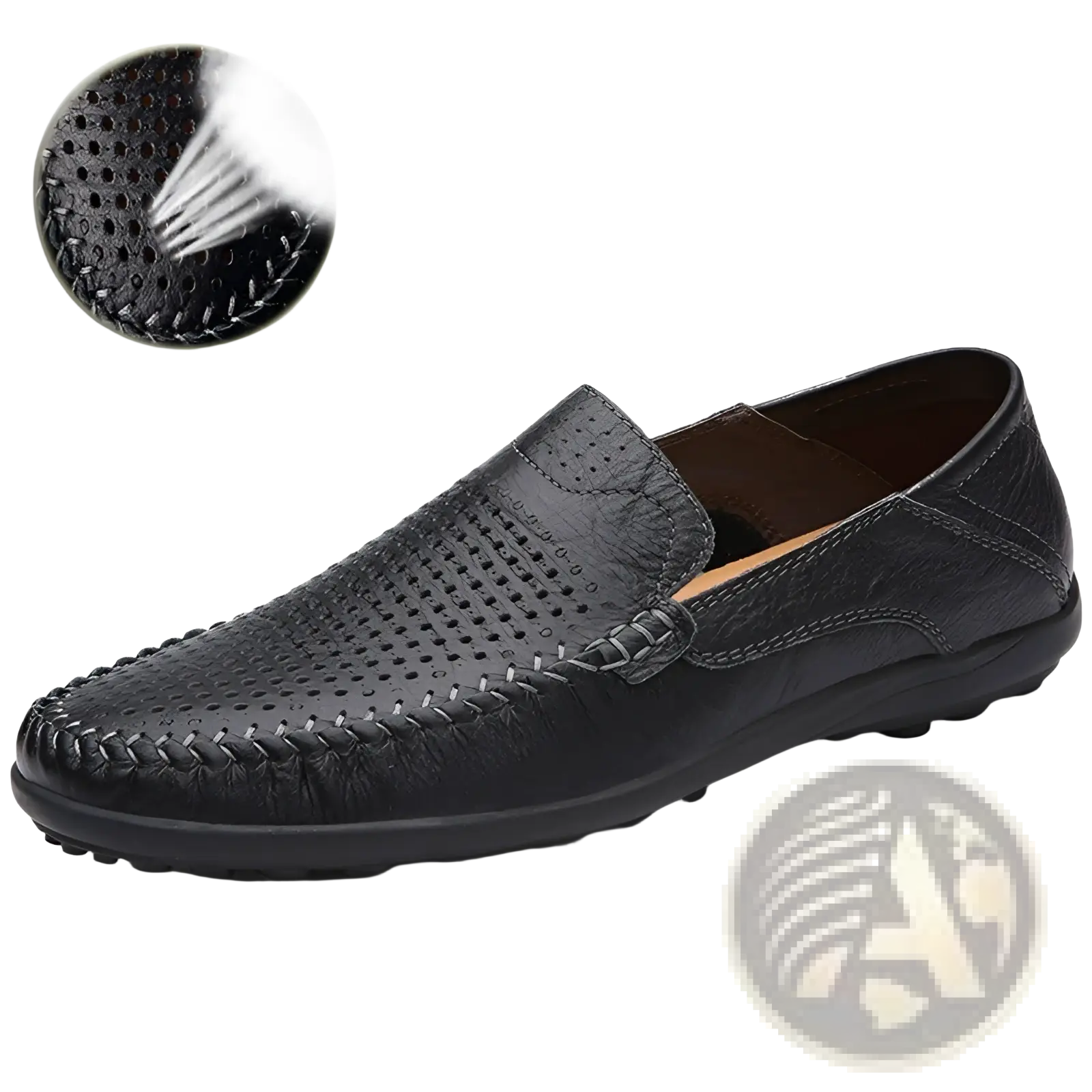 Men’s business casual black cowhide leather loafer with perforated upper and braided stitching details