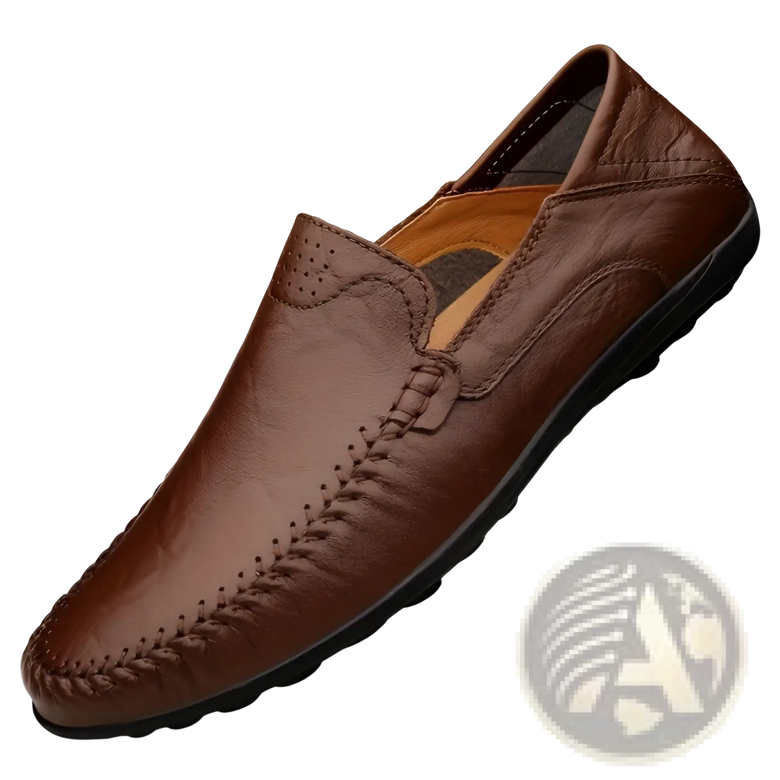 Men’s business casual cowhide leather brown slip-on loafer with braided stitching and black rubber sole