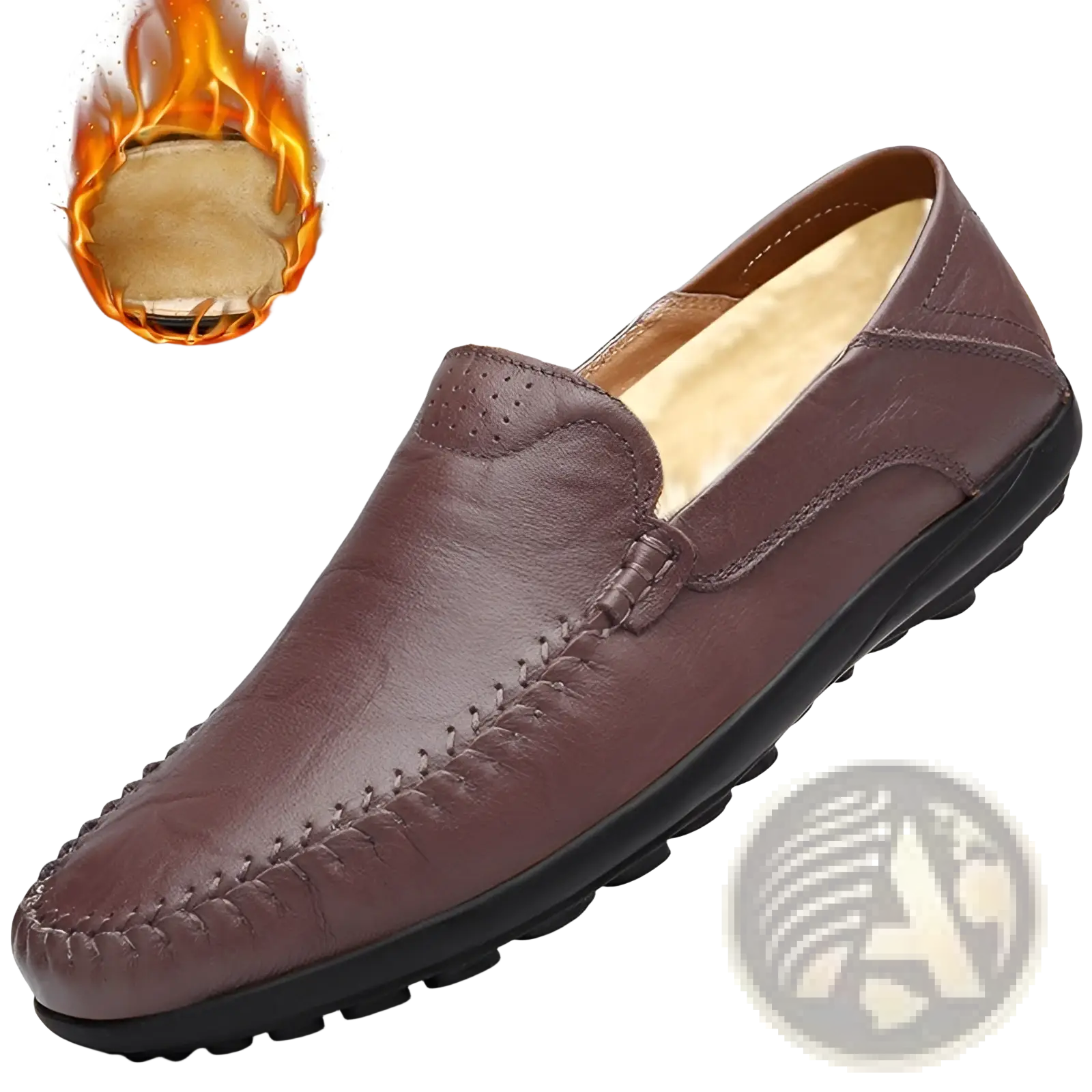 Men’s business casual cowhide leather brown slip-on loafer with plush velvet lining and black rubber sole