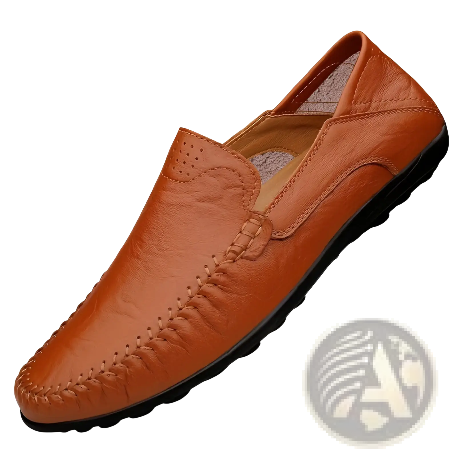 Men’s business casual cowhide leather tan slip-on loafer with decorative stitching and black rubber sole