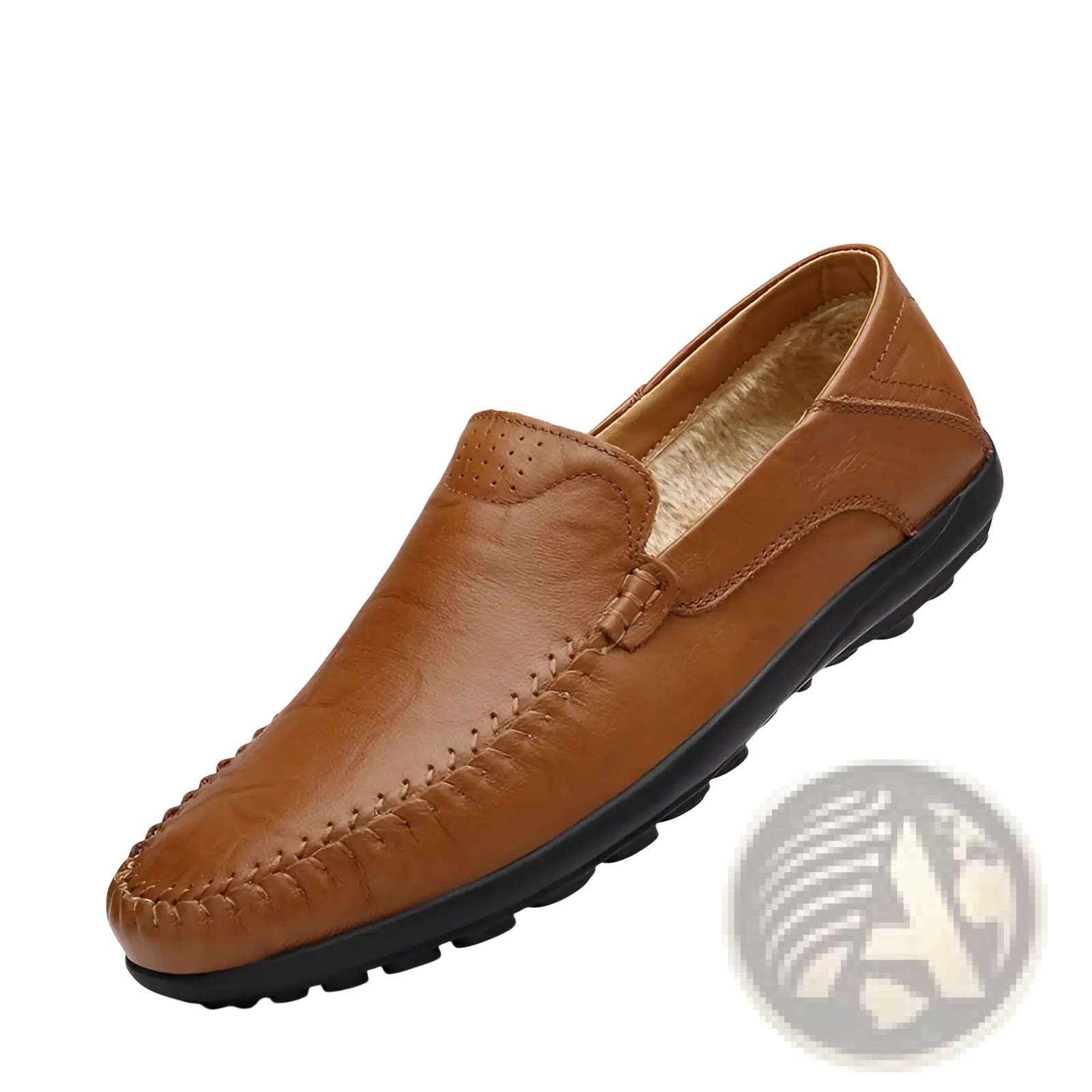 Men’s business casual cowhide leather shoe featuring a tan slip-on loafer with black rubber sole and stitched detailing