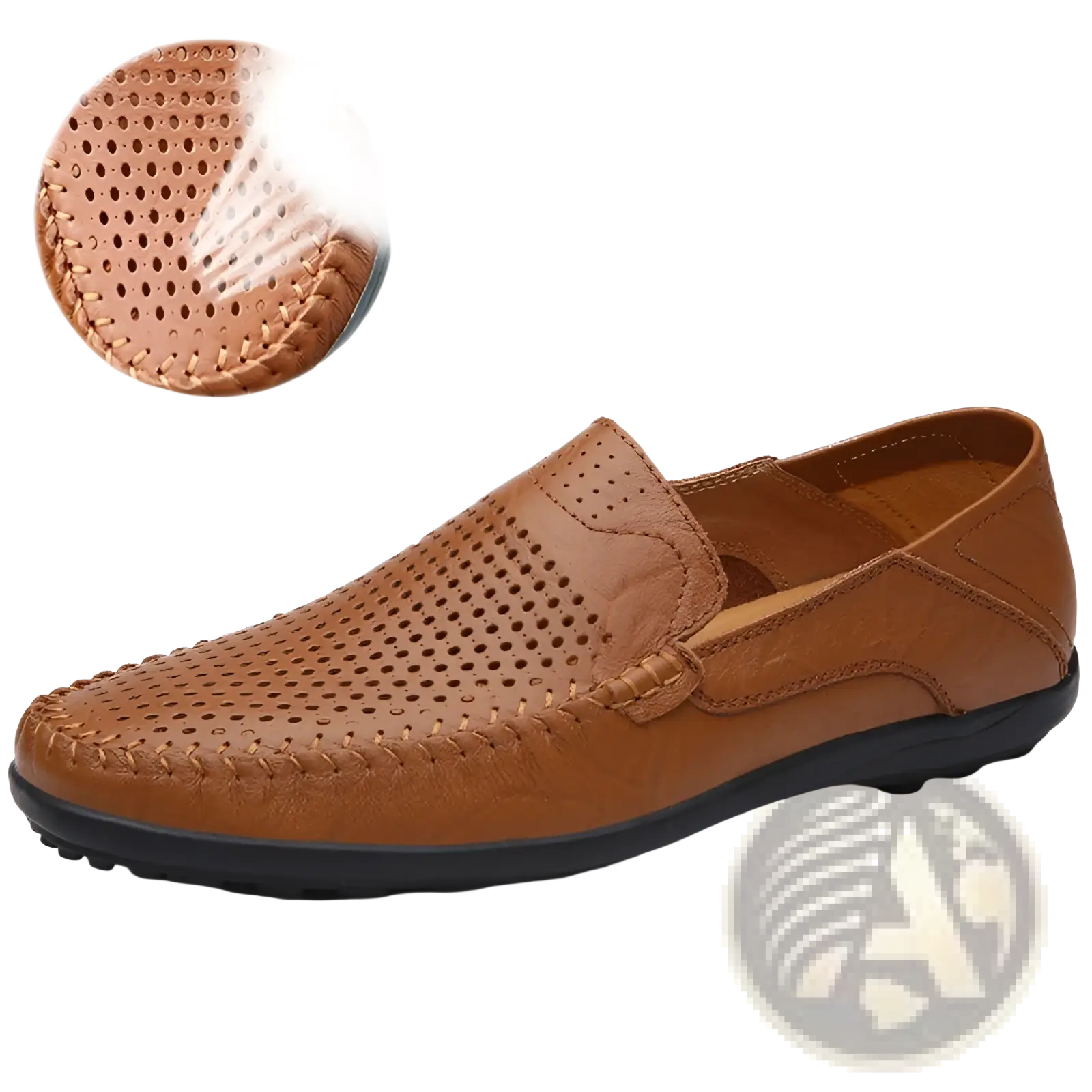 Men’s business casual cowhide leather brown loafer with perforated detailing and black rubber sole for comfort