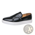 Men’s business casual double buckle leather sneakers black slip-on with white rubber sole and silver buckles