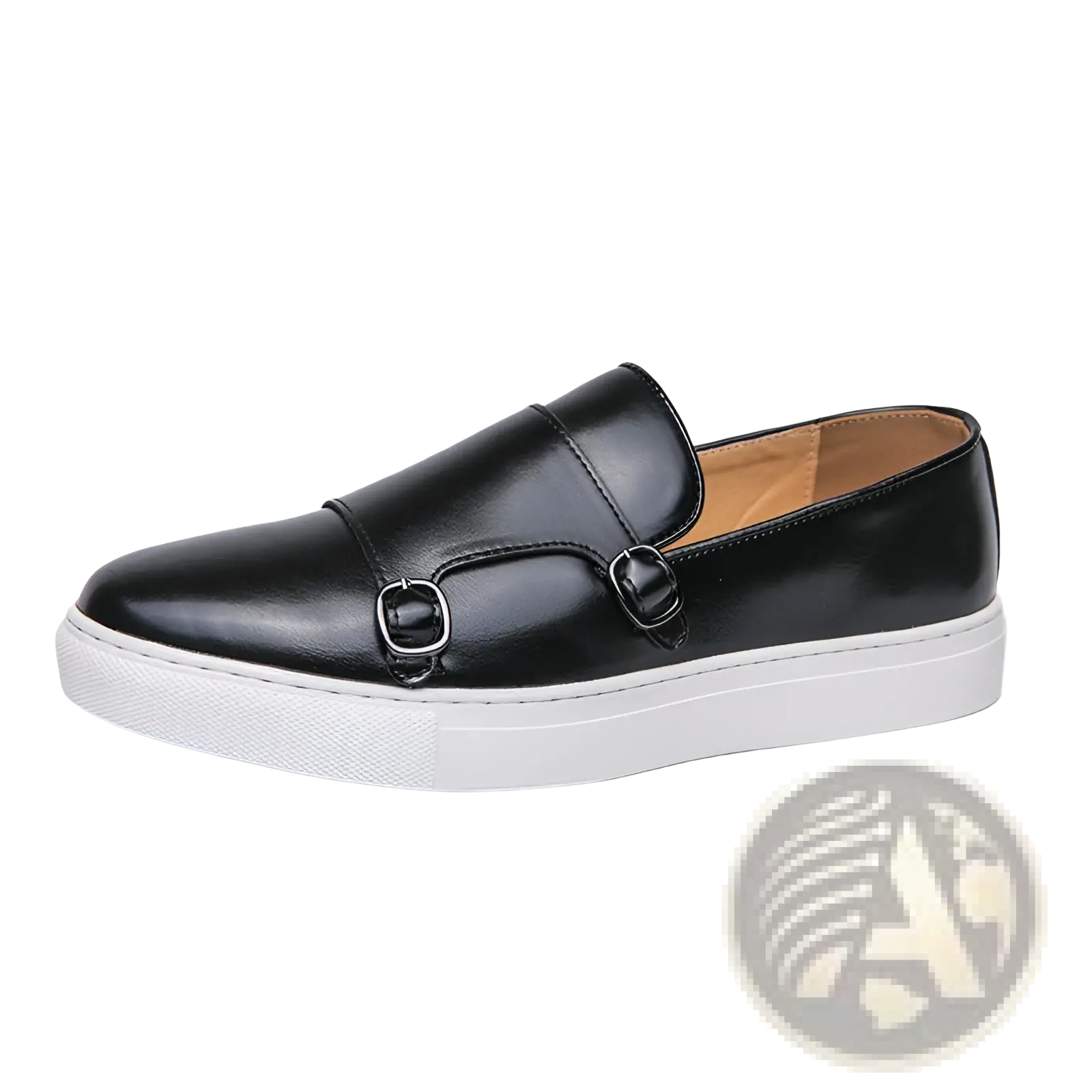 Men’s business casual double buckle leather sneakers black slip-on with white rubber sole and silver buckles
