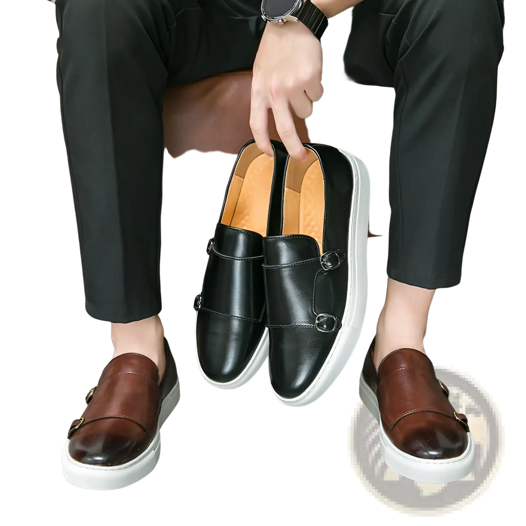 Men’s business casual double buckle leather sneakers in black and brown with white rubber soles and slip-on design