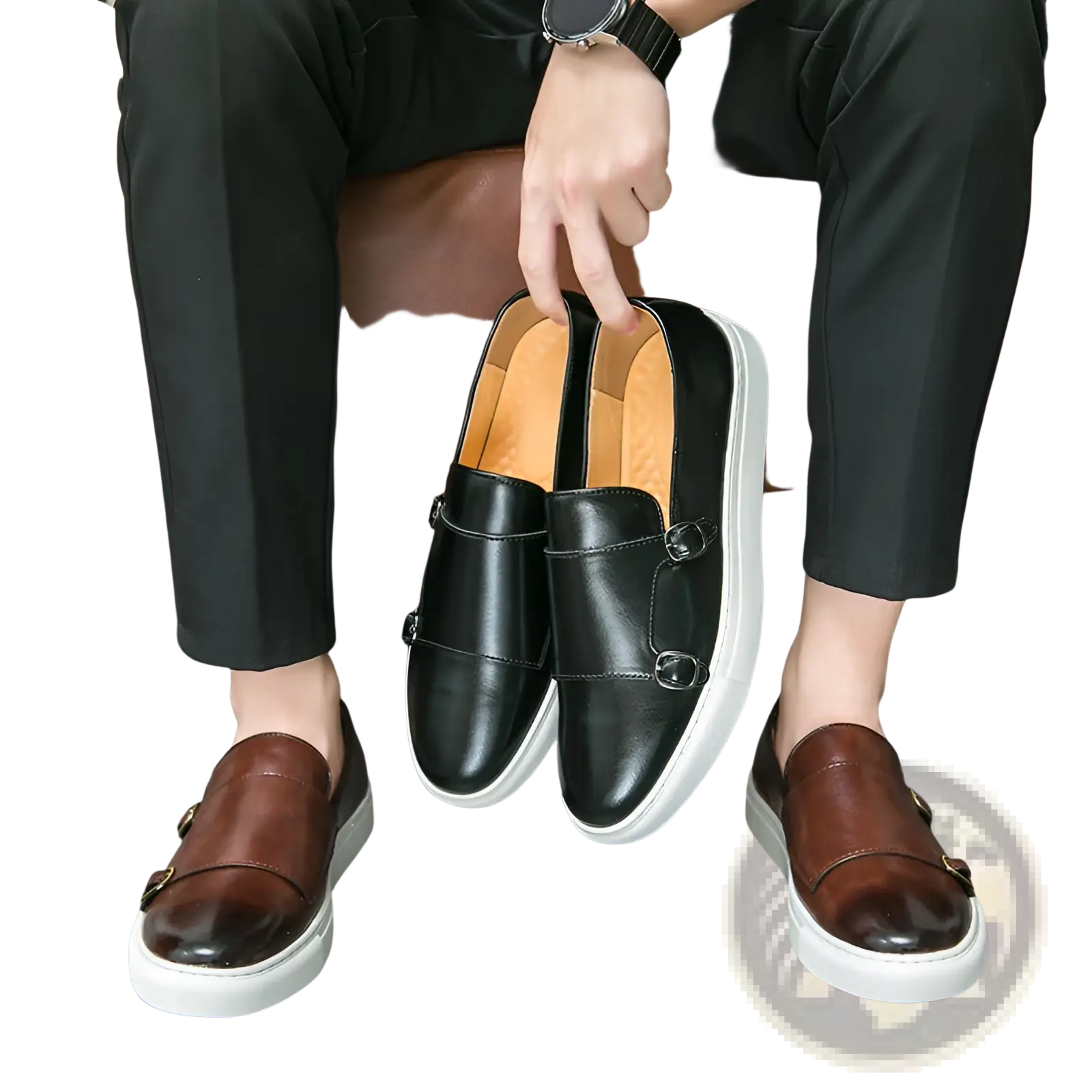 Men’s business casual double buckle leather sneakers in black and brown with white rubber soles and slip-on design