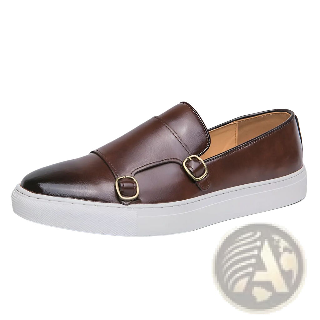 Men’s business casual double buckle leather sneakers in brown leather with two gold-tone buckles and white rubber sole