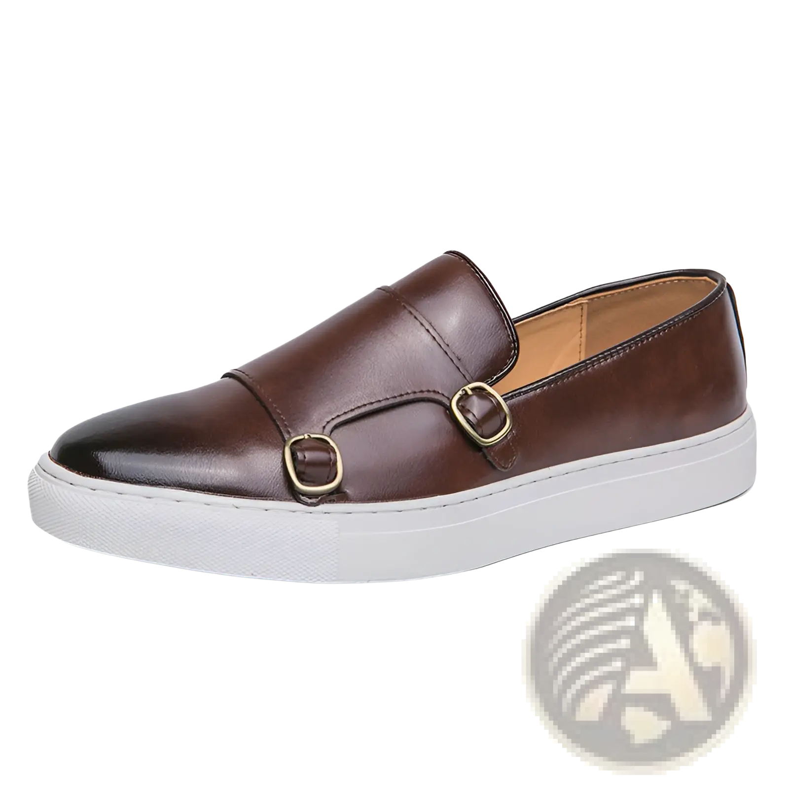Men’s business casual double buckle leather sneakers in brown leather with two gold-tone buckles and white rubber sole