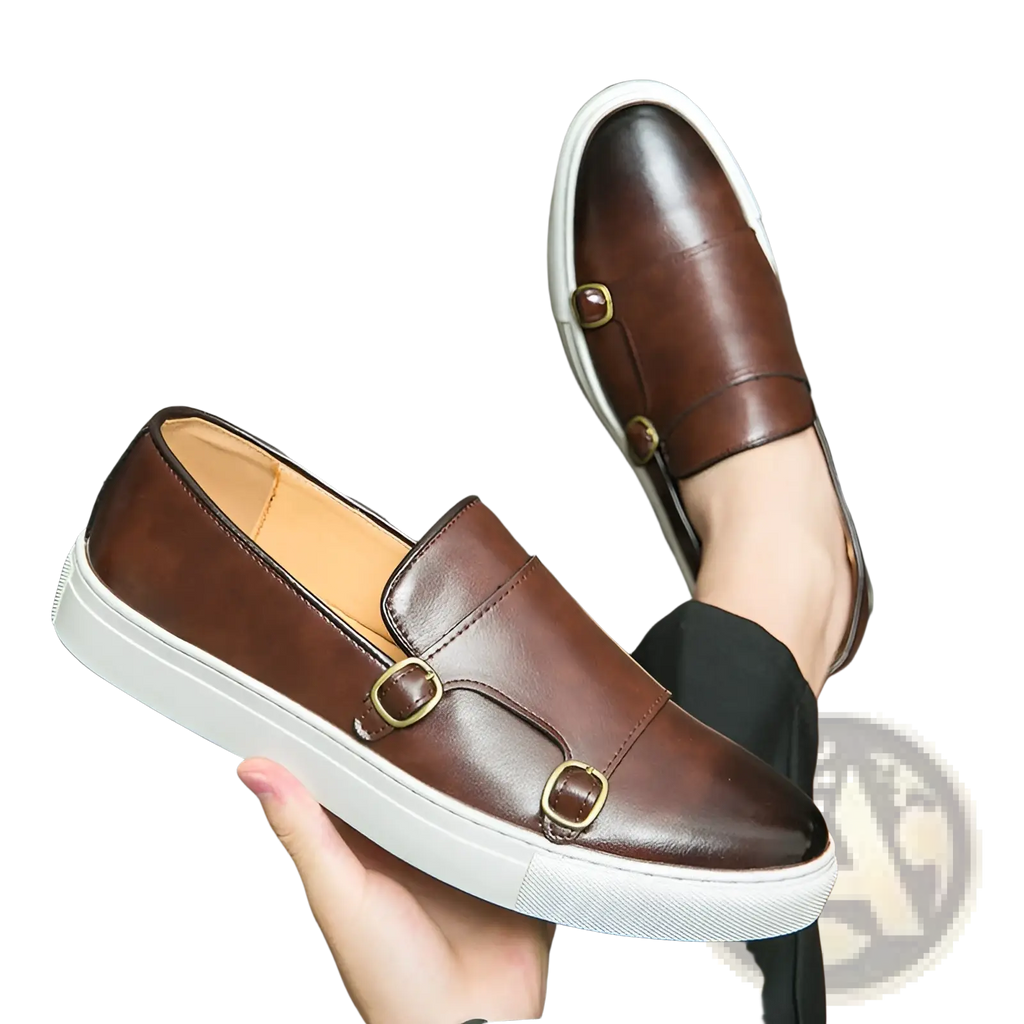 Men’s business casual double buckle leather sneakers in brown with gold-tone buckles and white rubber sole