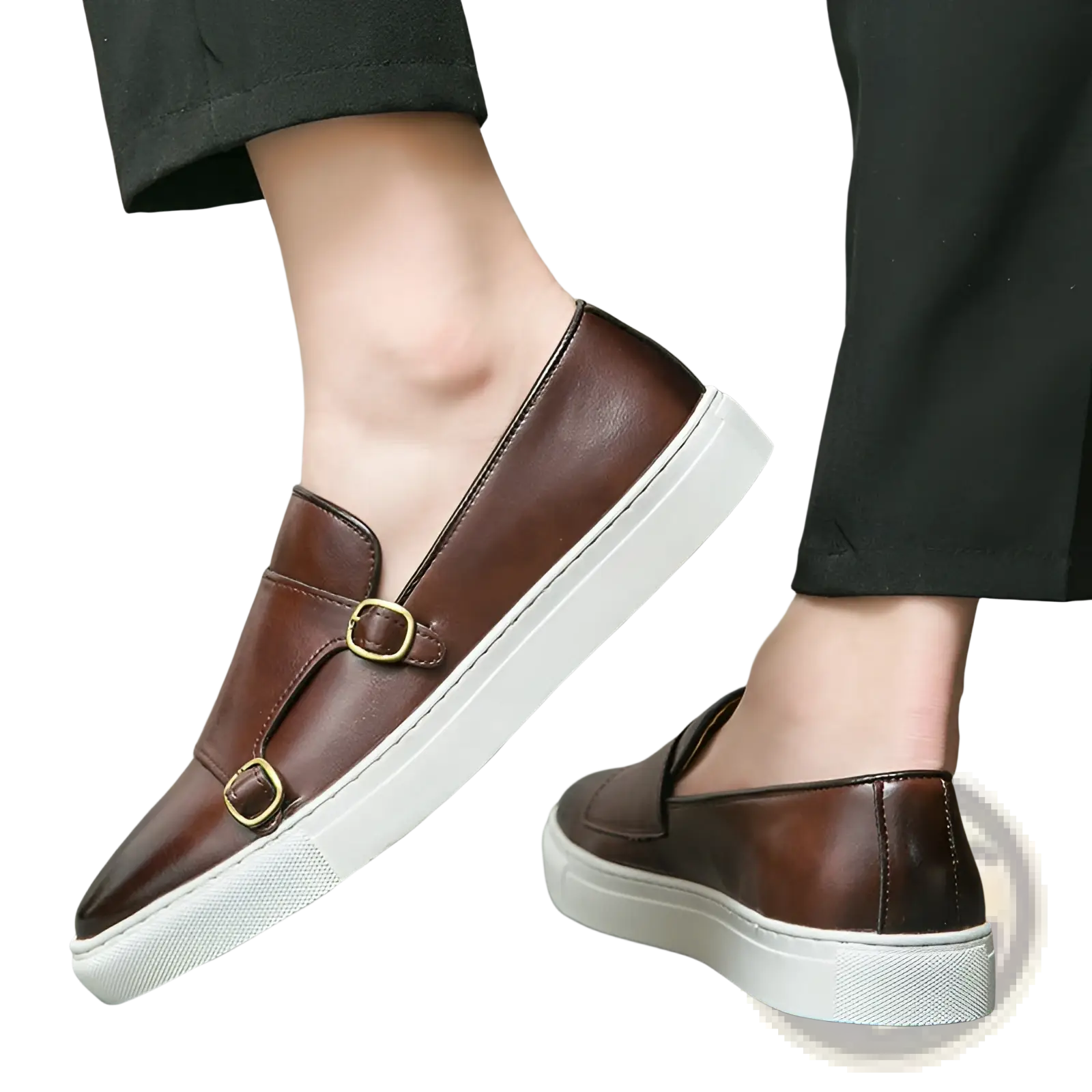 Men’s business casual double buckle leather sneakers in brown with gold-tone buckles and white rubber soles