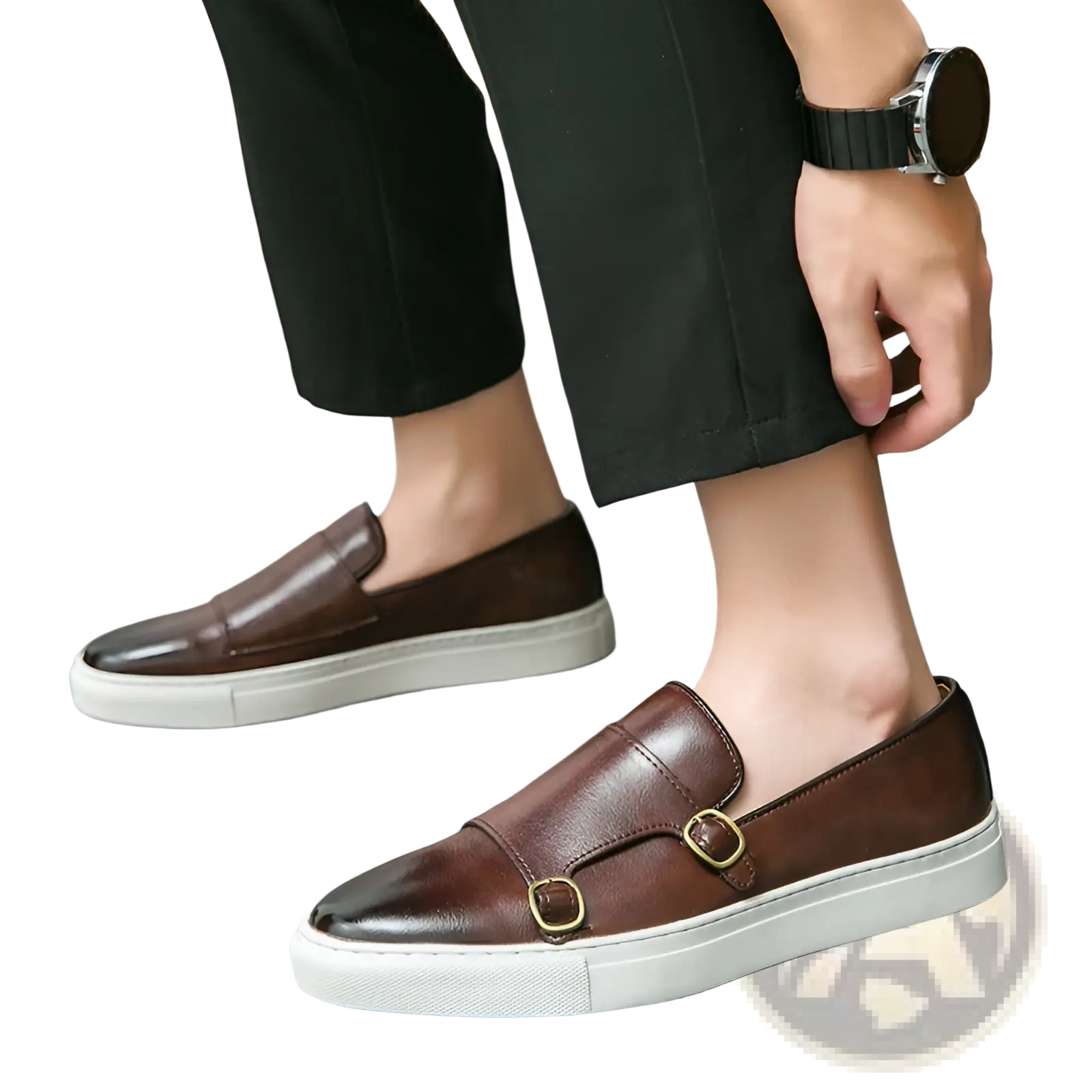 Men’s brown leather slip-on loafer with glossy toe cap and gold-tone double buckle details for business casual wear