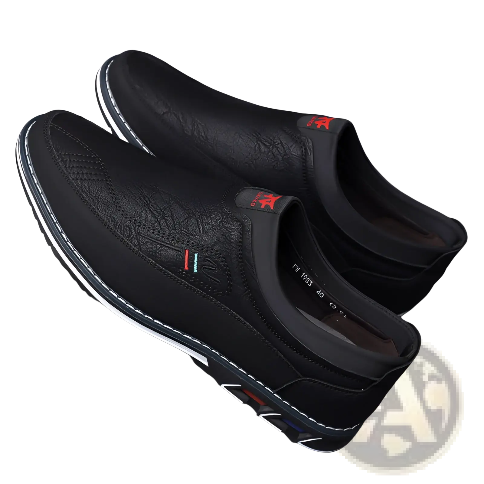 Men’s black leather slip-on loafers with white stitching and subtle textured upper for business casual wear