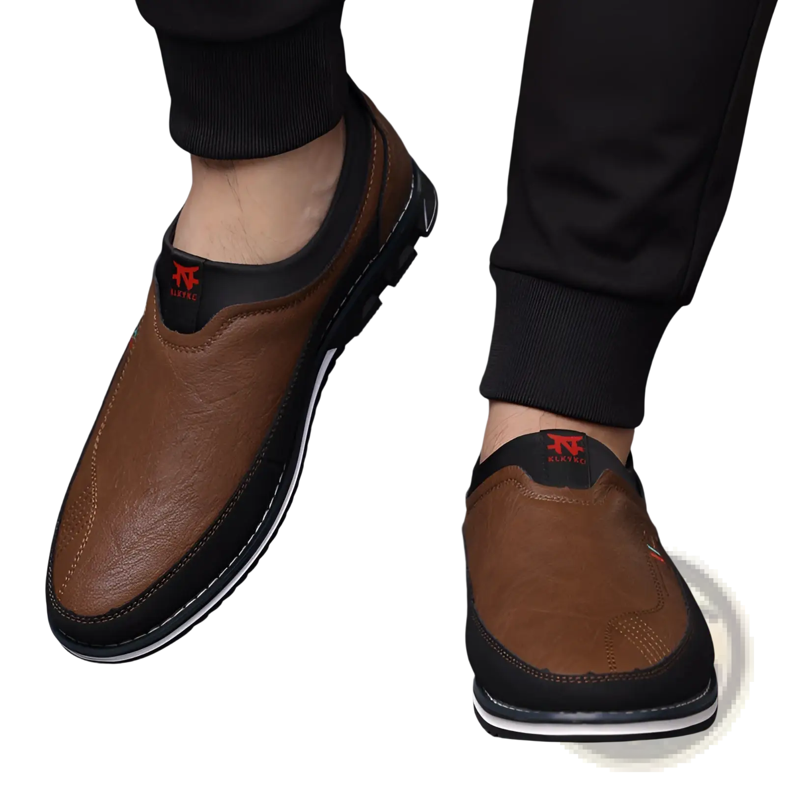 Men’s business casual leather slip-on loafers in brown and black with textured upper contrasting sole and red heel logo