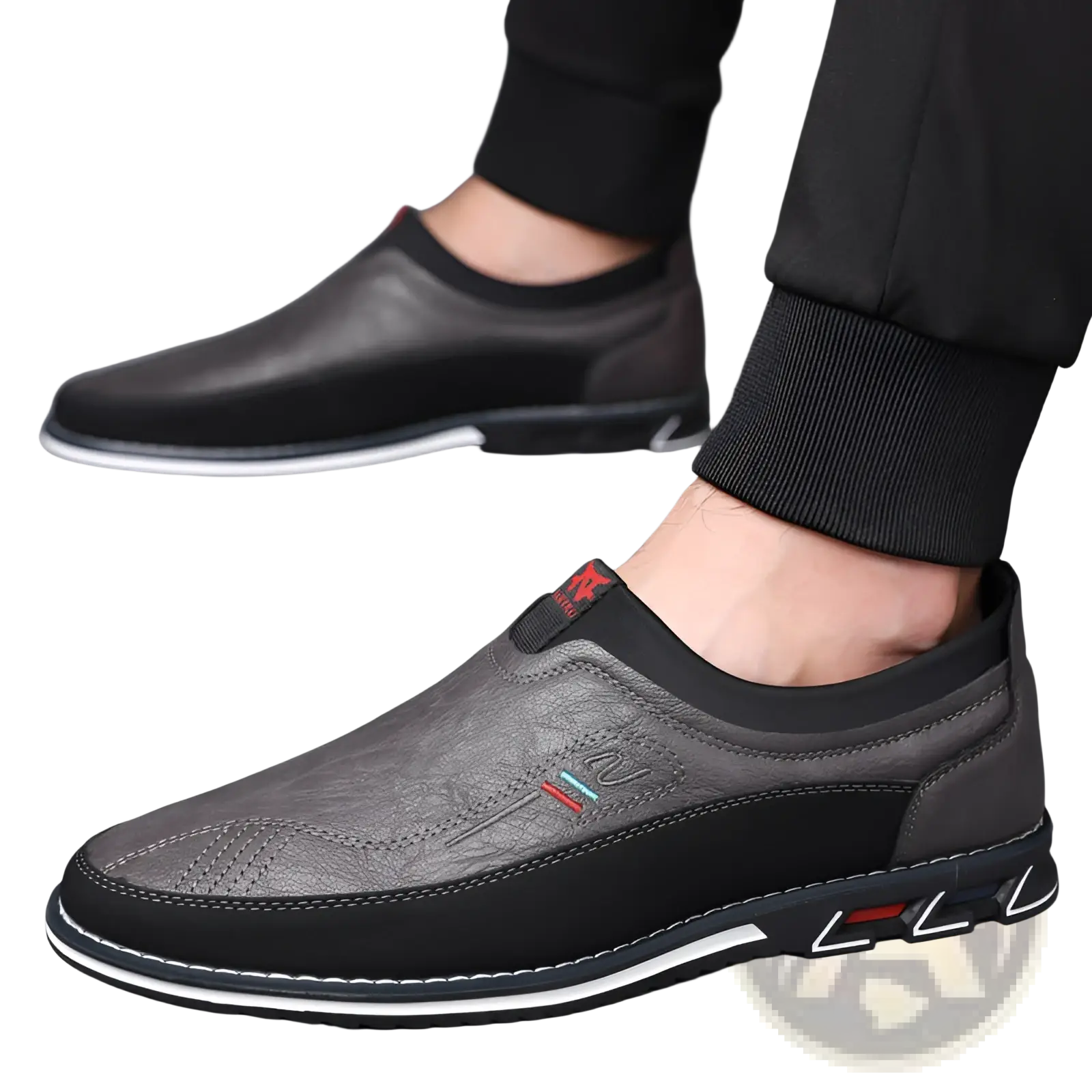 Men’s business casual leather slip-on loafers in dark gray with black accents and a white rubber sole