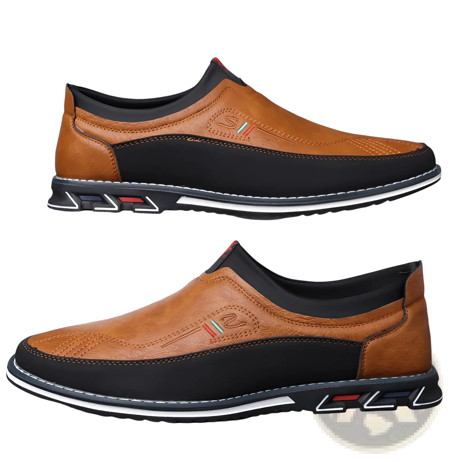 Men’s business casual leather slip-on loafers in brown and black with a sleek modern design