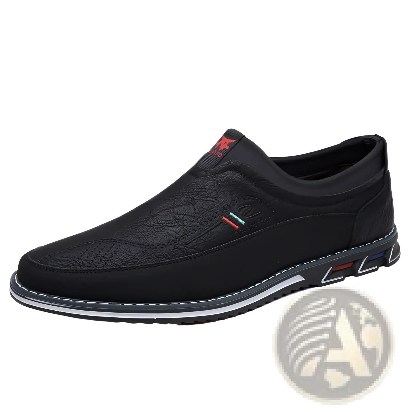 Men’s business casual leather slip-on loafers in black with textured upper white stitching and colorful heel stripes