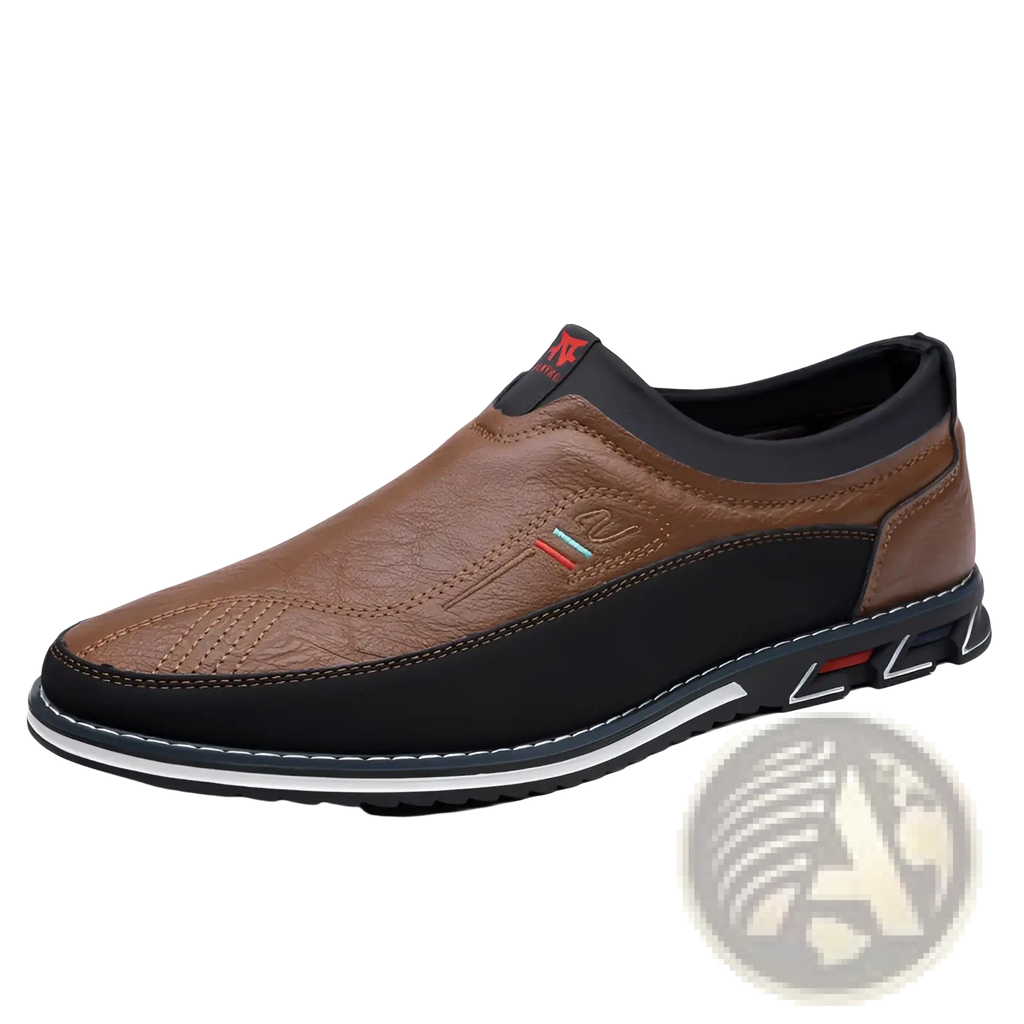 Men’s business casual leather slip-on loafers in brown and black with textured upper and red heel tab accents