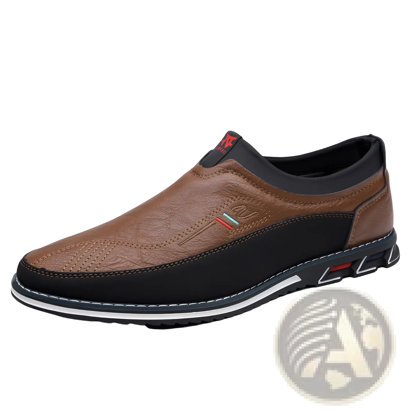 Men’s business casual leather slip-on loafers in brown and black with textured upper and red heel tab accents