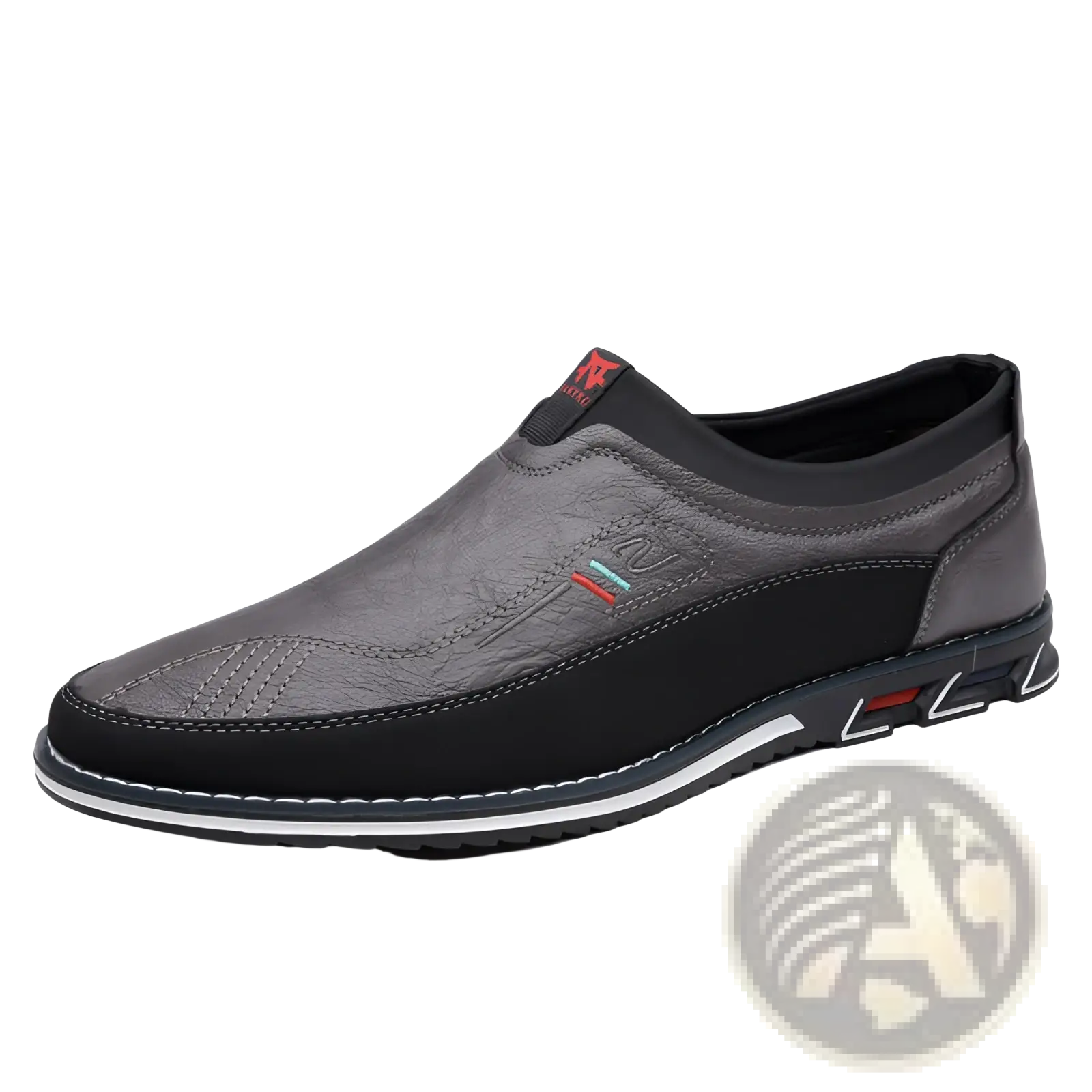 Men’s business casual leather slip-on loafers in gray and black with textured upper, contrasting stitching, and red-accented sole