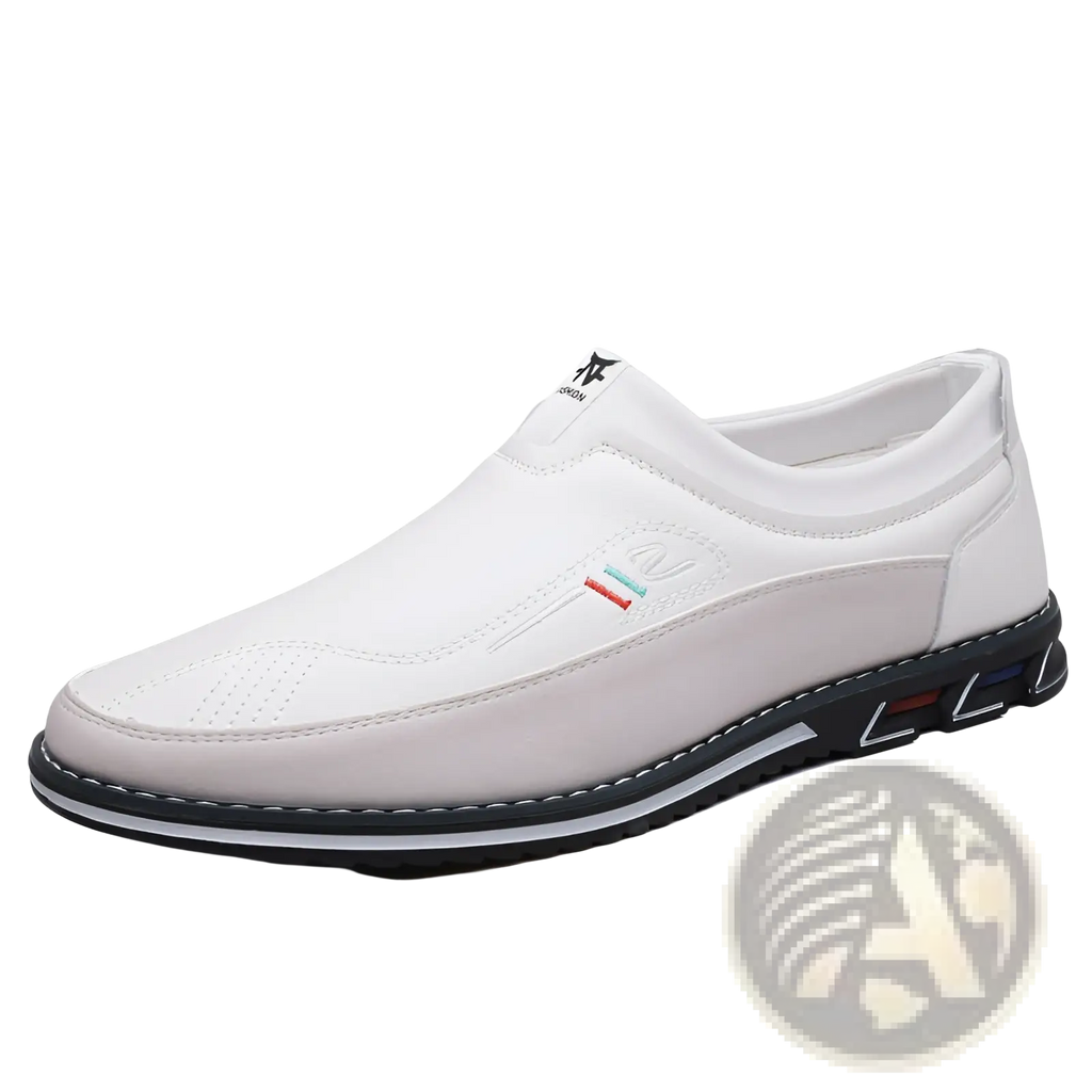 Men’s business casual leather slip-on loafers in white with black and gray accents and a subtle side logo