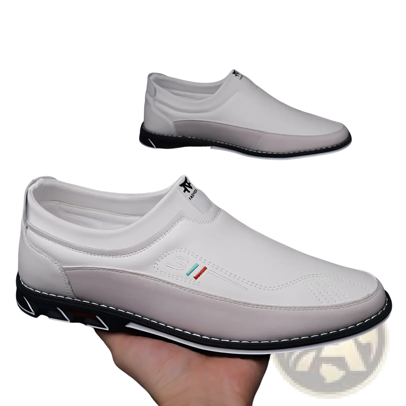 Men’s business casual leather slip-on loafers in white with black soles and subtle red green and blue stitching details