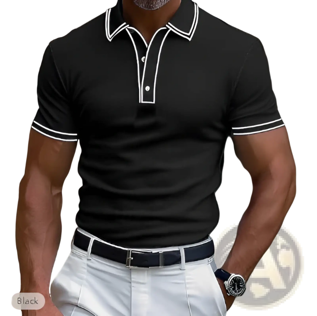 Men’s business casual modal polo shirt in black with white contrast trim on collar and sleeve cuffs