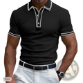 Men’s business casual modal polo shirt in black with white contrast trim on collar and sleeve cuffs