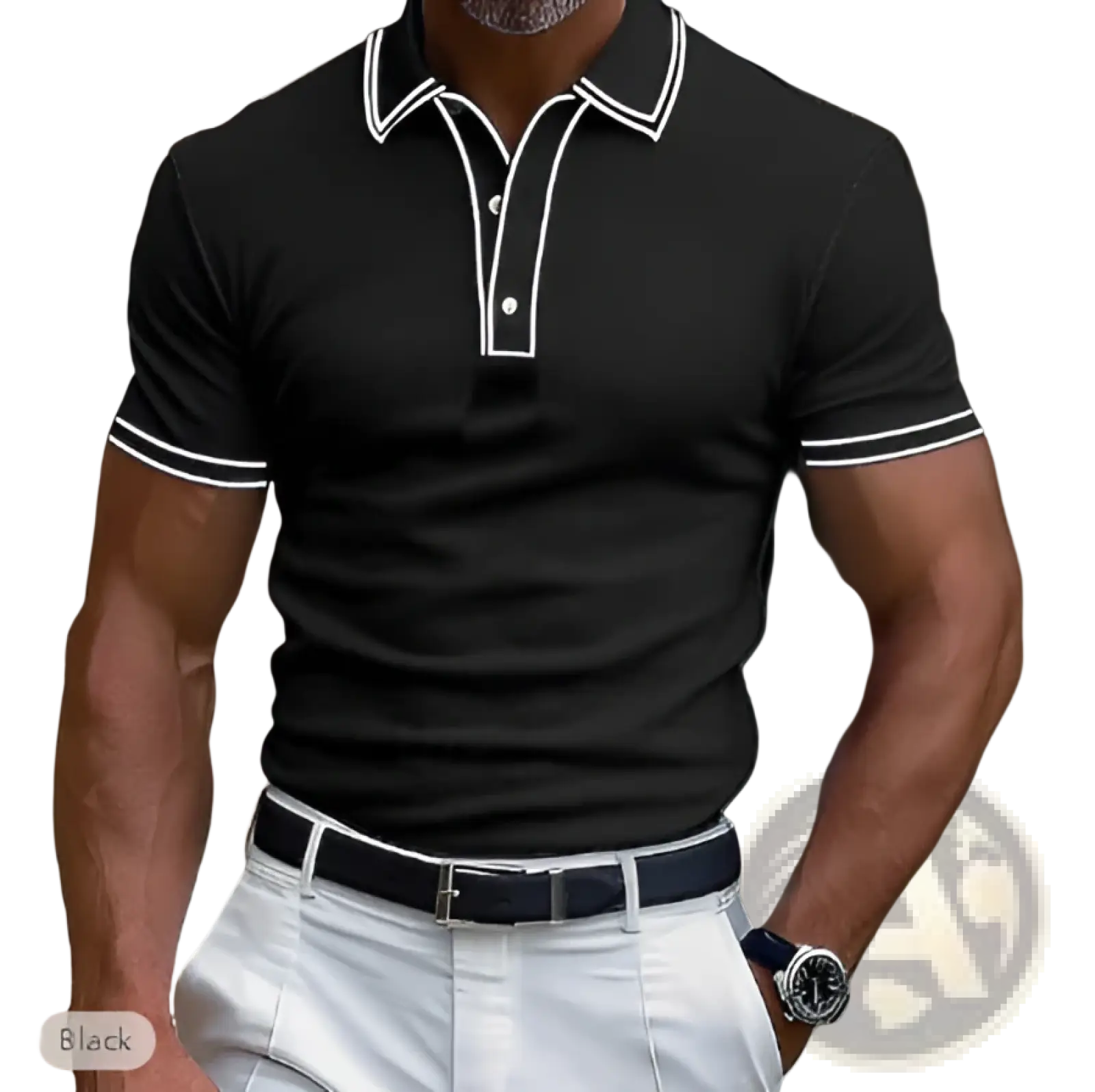 Men’s business casual modal polo shirt in black with white contrast trim on collar and sleeve cuffs