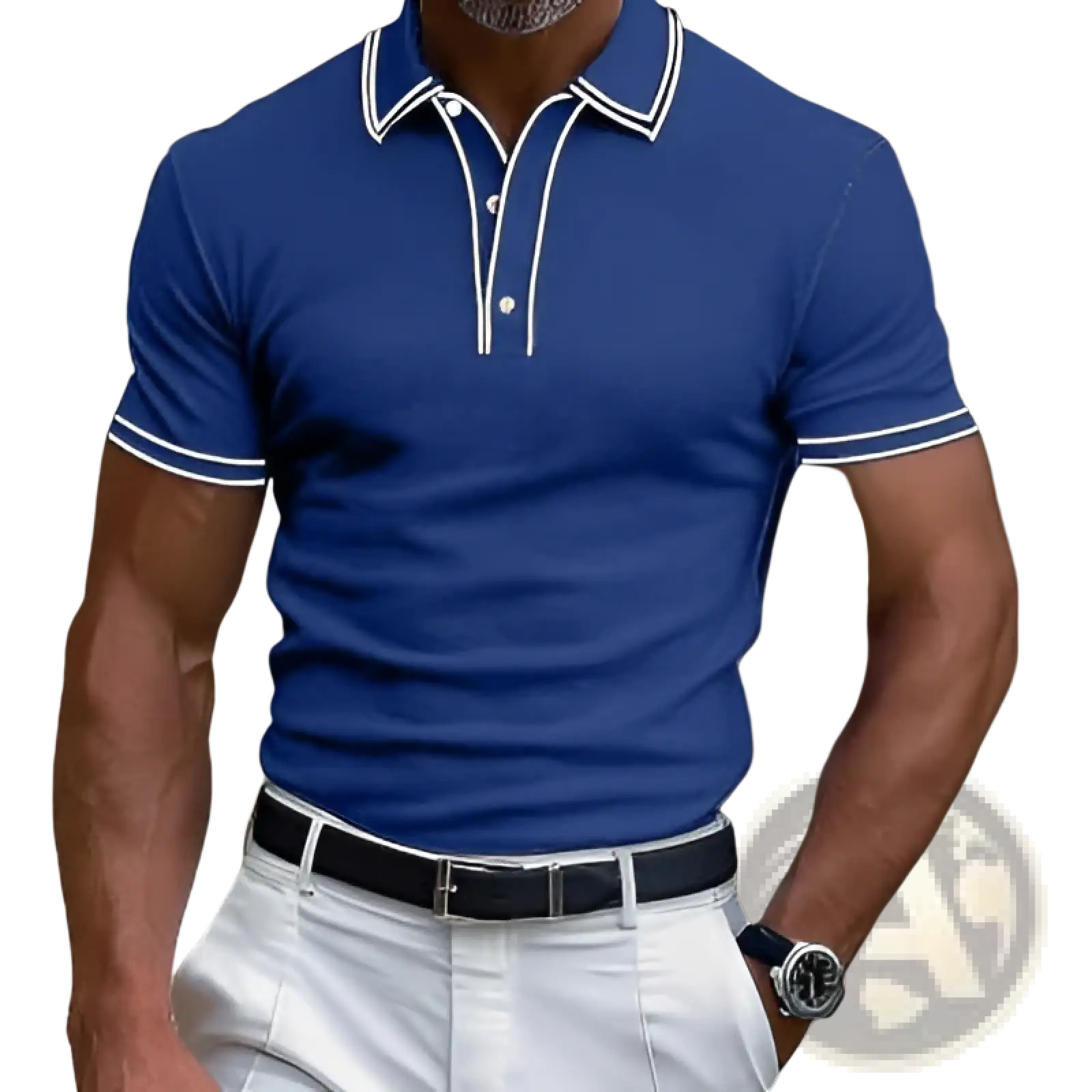 Men’s business casual blue modal polo shirt with white contrast trim on collar and cuffs short-sleeved