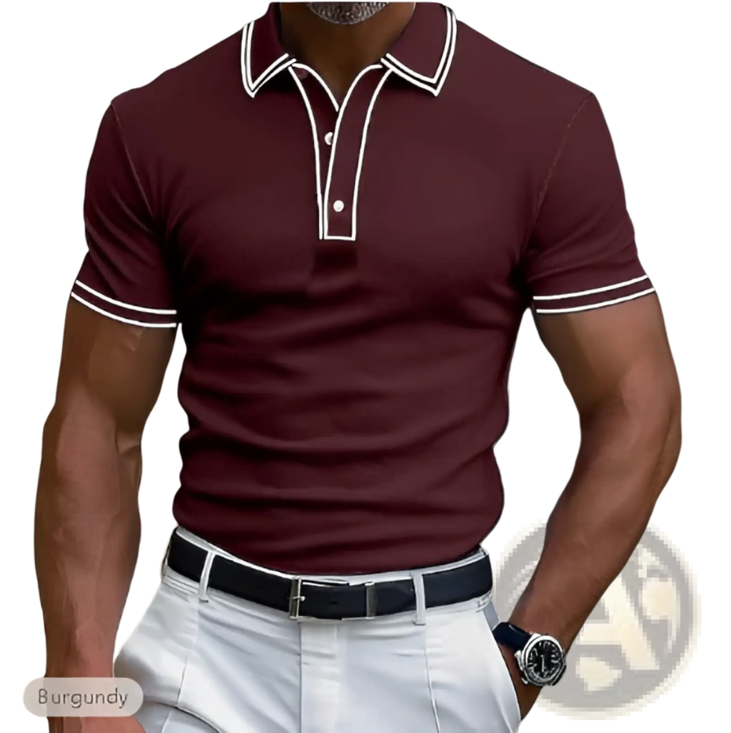 Men’s business casual modal polo shirt in burgundy with white contrast trim on collar and short sleeve cuffs