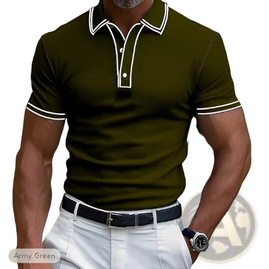 Men’s army green modal polo shirt with white contrast trim on collar and sleeve cuffs for business casual wear