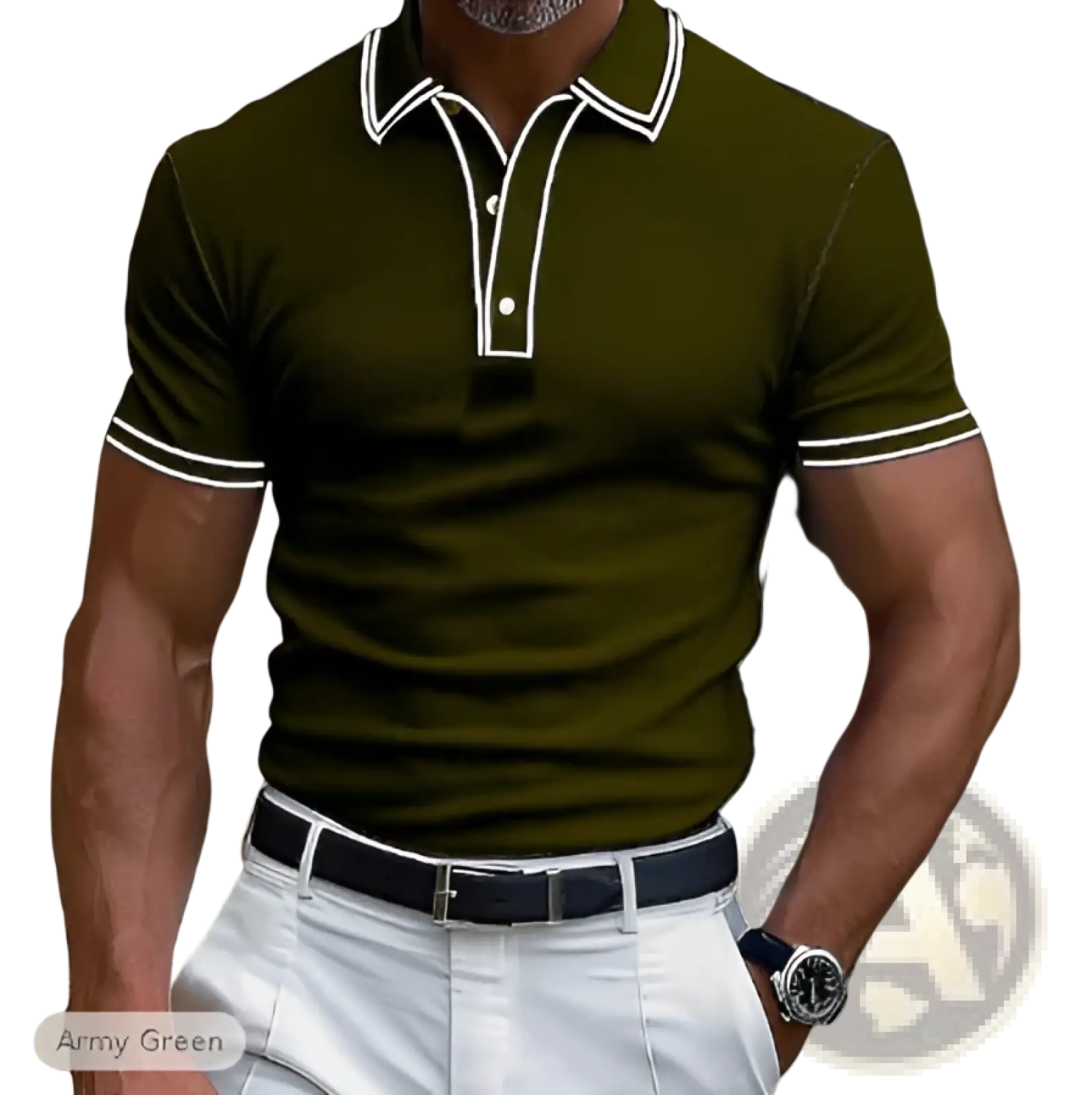 Men’s army green modal polo shirt with white contrast trim on collar and sleeve cuffs for business casual wear