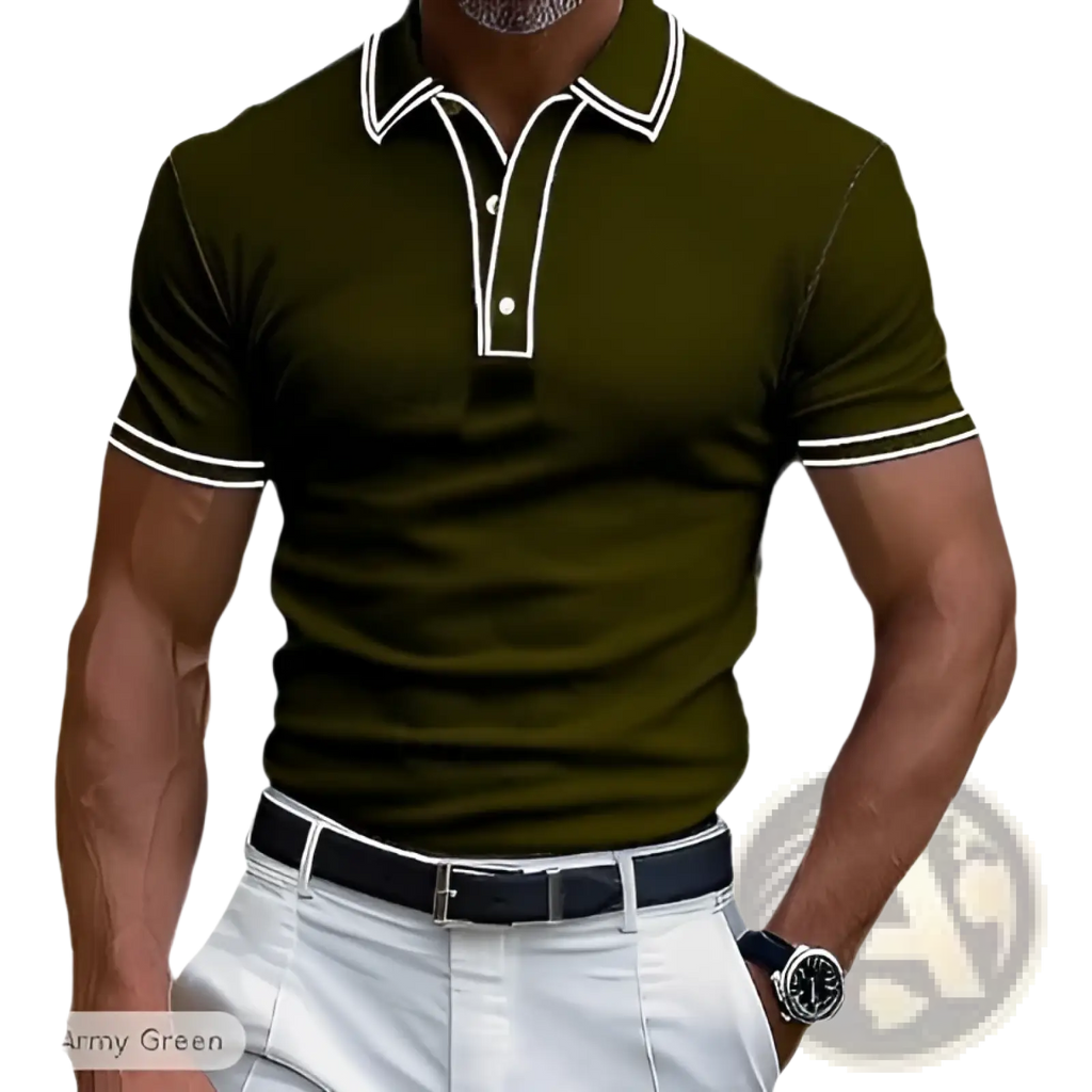 Men’s business casual modal polo shirt in army green with white contrast trim on collar and sleeve cuffs