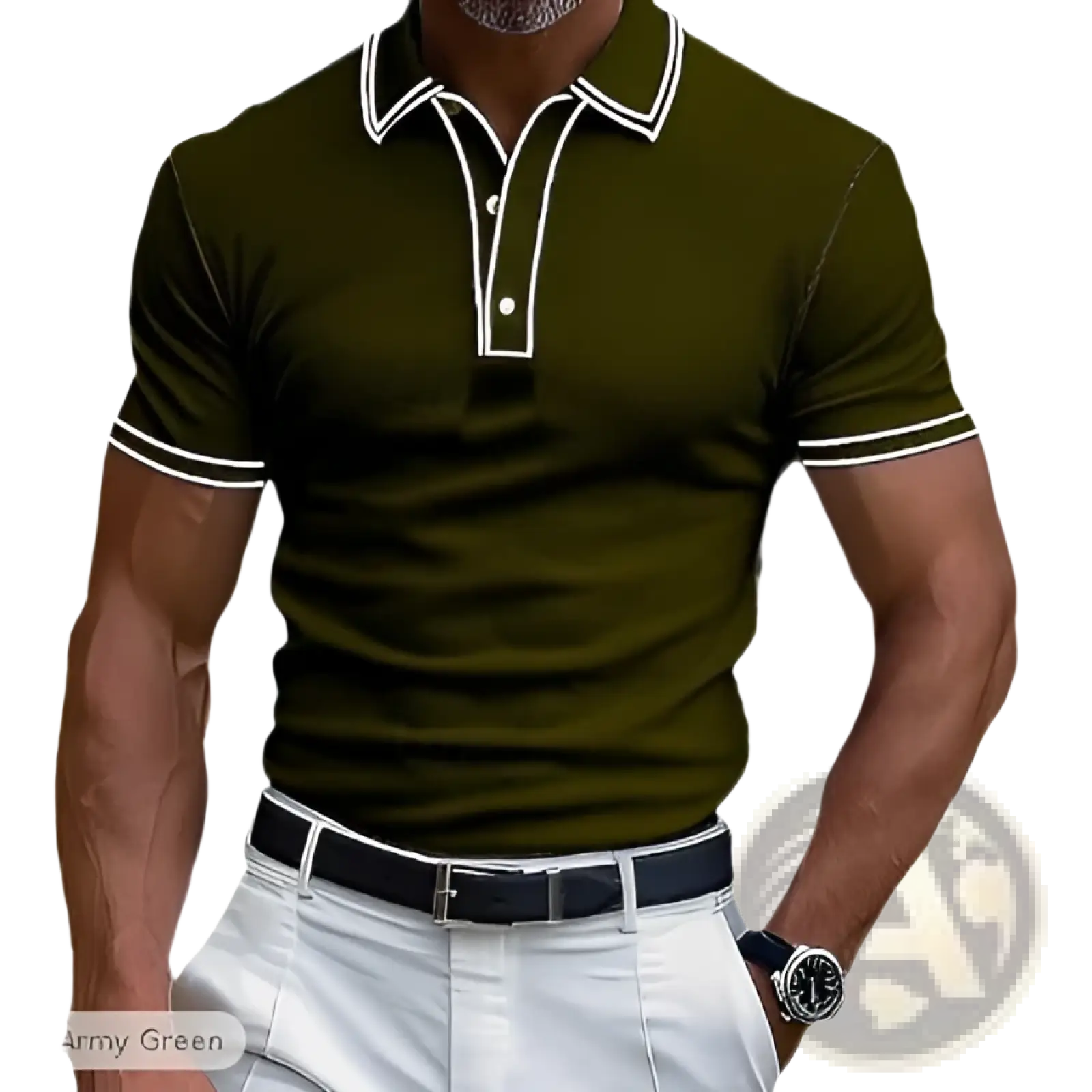 Men’s business casual modal polo shirt in army green with white contrast trim on collar and sleeve cuffs