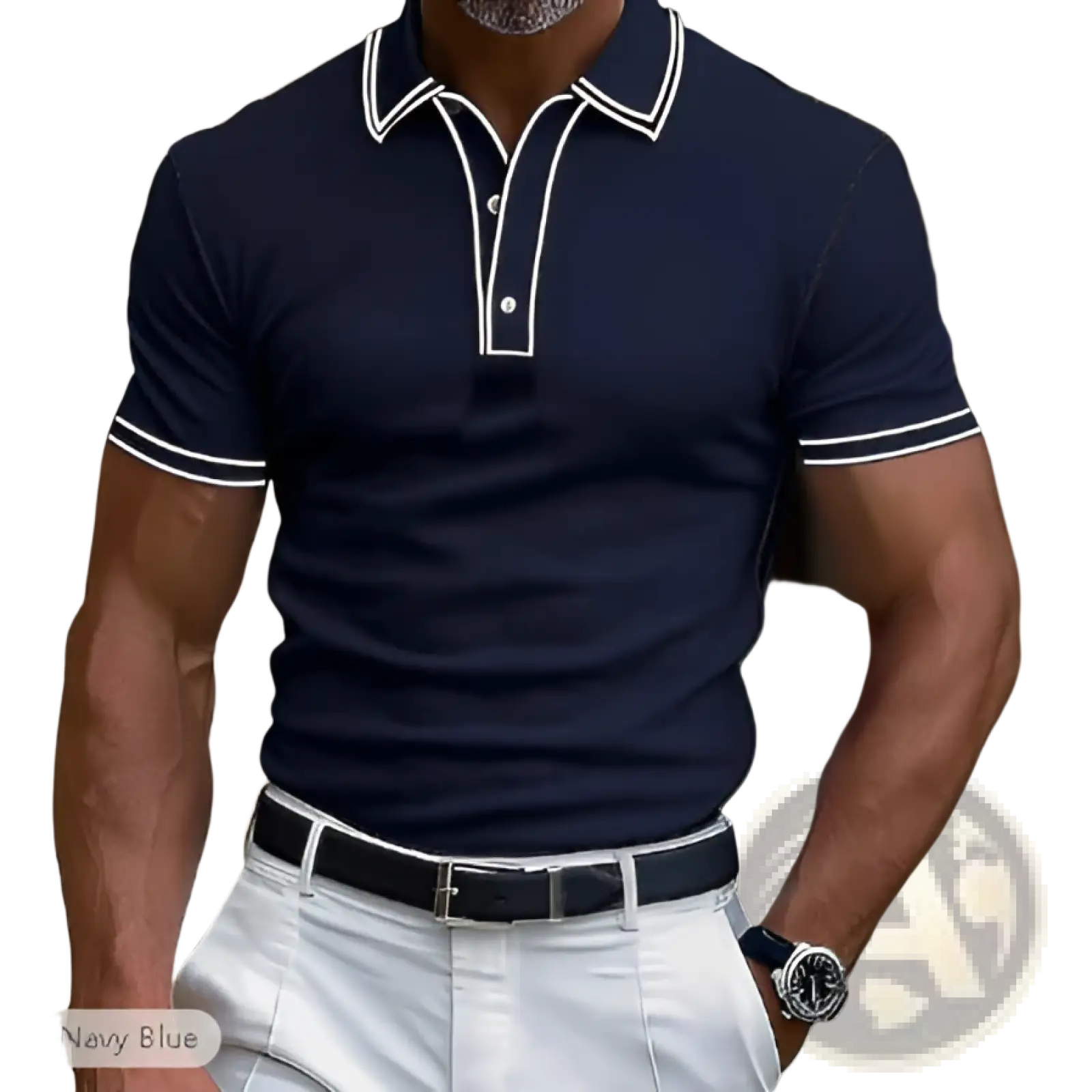 Navy blue men’s business casual modal polo shirt with white contrast trim on collar and sleeve cuffs in front view