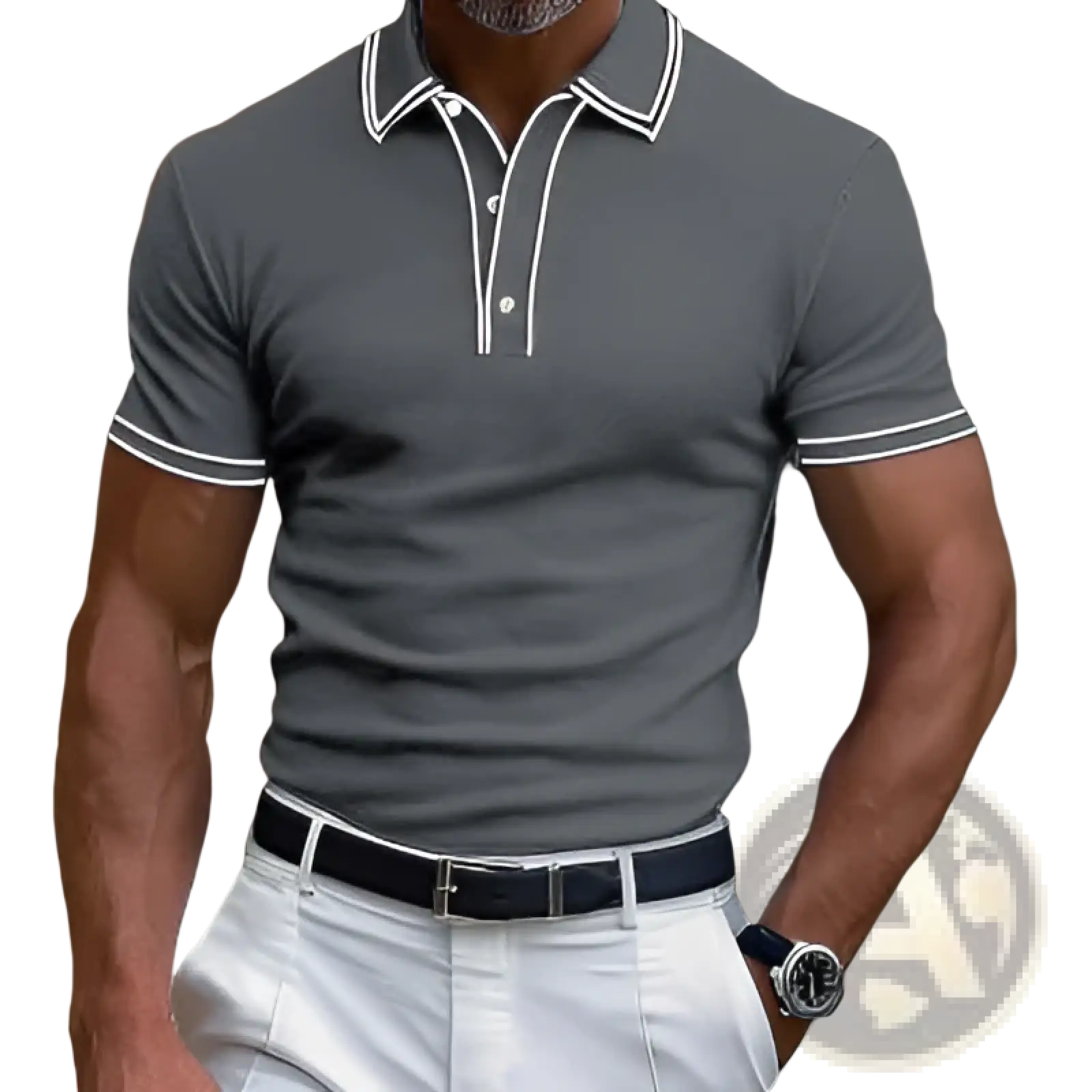Men’s business casual gray modal polo shirt with white contrast trim on collar and sleeve cuffs short sleeve design