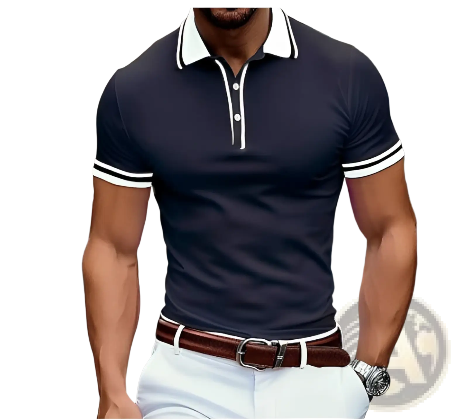 Navy blue men’s business casual modal polo shirt with white collar and sleeve trim for a polished look