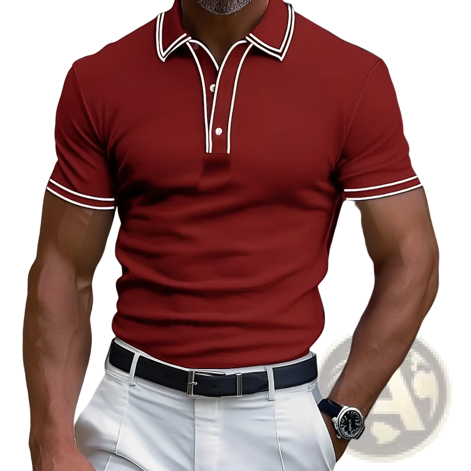 Men’s business casual modal polo shirt in rich maroon with white contrast trim on collar placket and sleeve cuffs