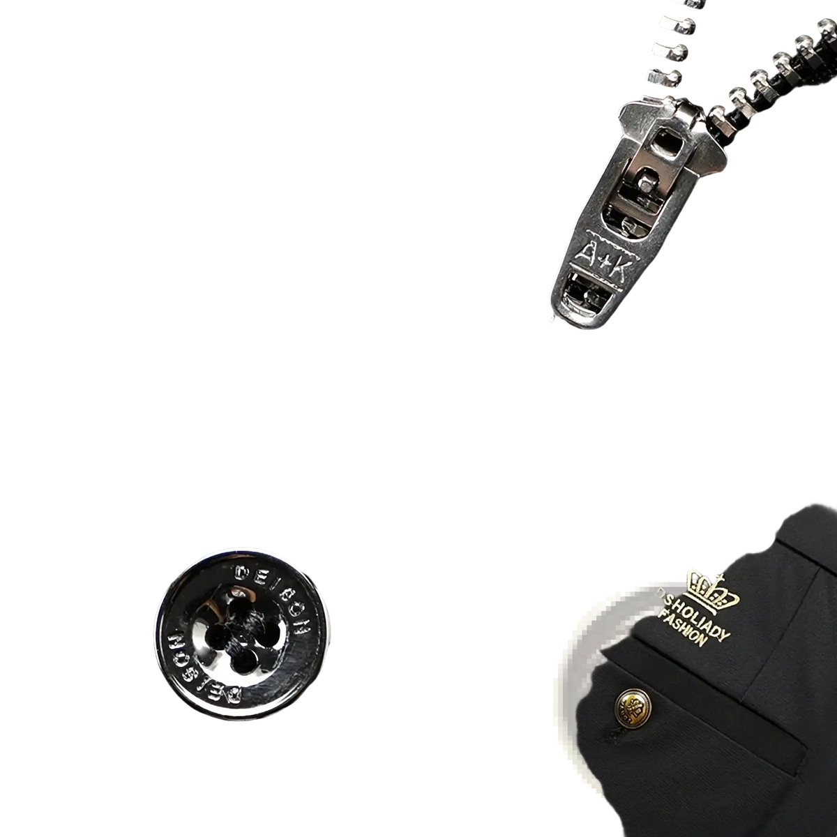 Mens business straight leg trousers paired with a black jacket featuring silver zipper pull button details and embroidered logo