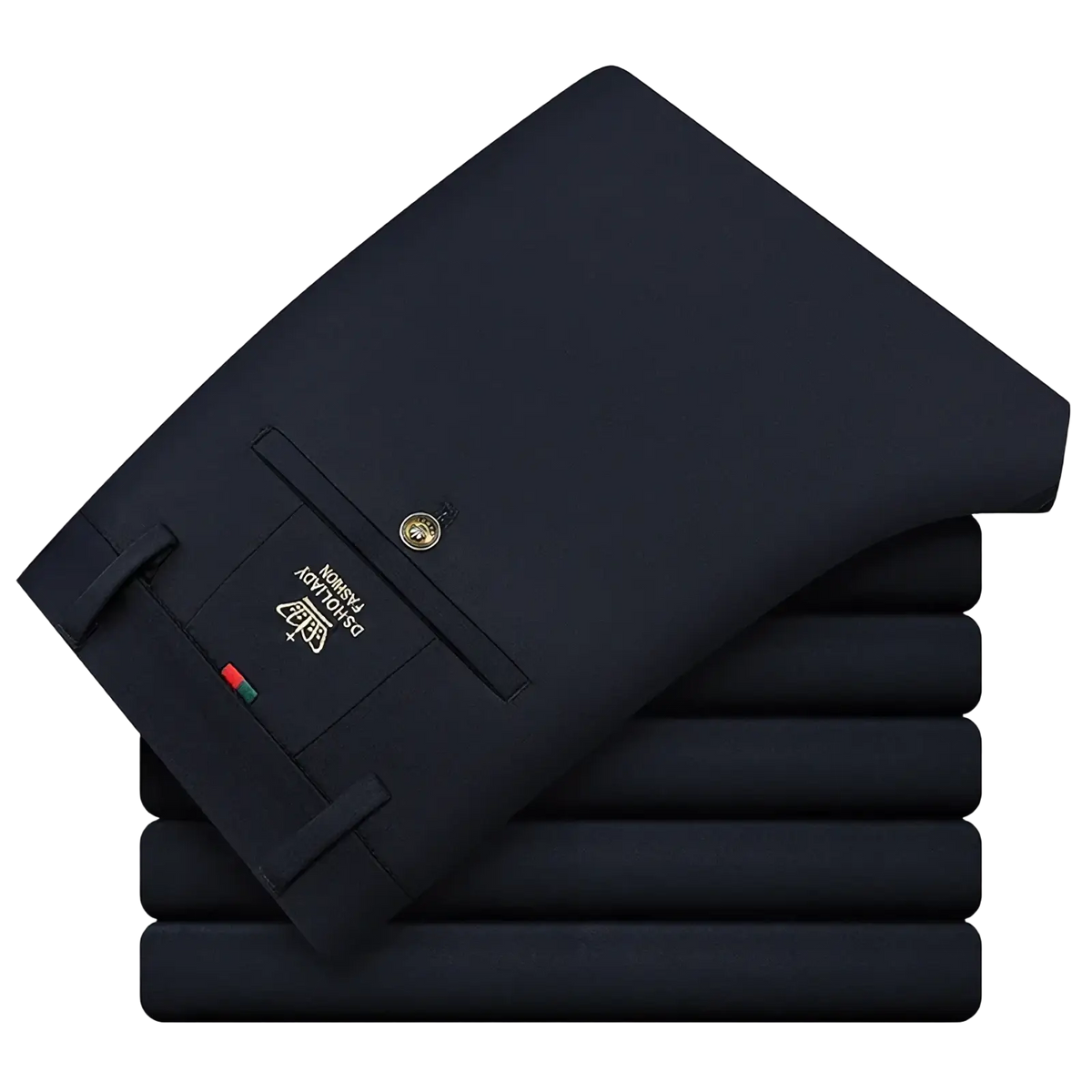 Mens business straight leg trousers in dark navy blue with subtle texture, gold toned button, and branded patch on front pocket
