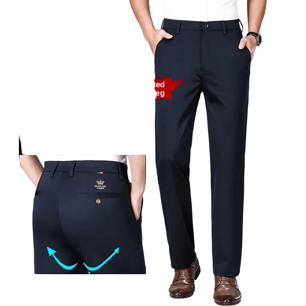 Mens business straight leg trousers in dark navy high-waisted design with subtle brand logo on back pocket shown from the back