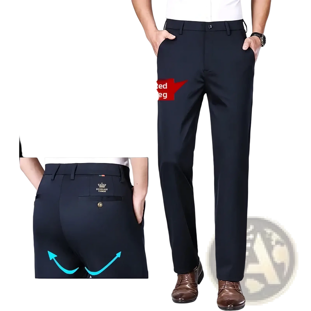 Mens business straight leg trousers in dark navy high-waisted design with subtle brand logo on back pocket shown from the back
