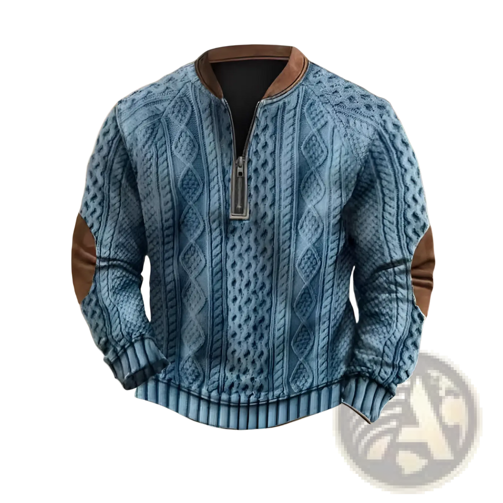 Men’s blue cable knit half zip sweater with brown leather accents on collar and sleeves for stylish warmth