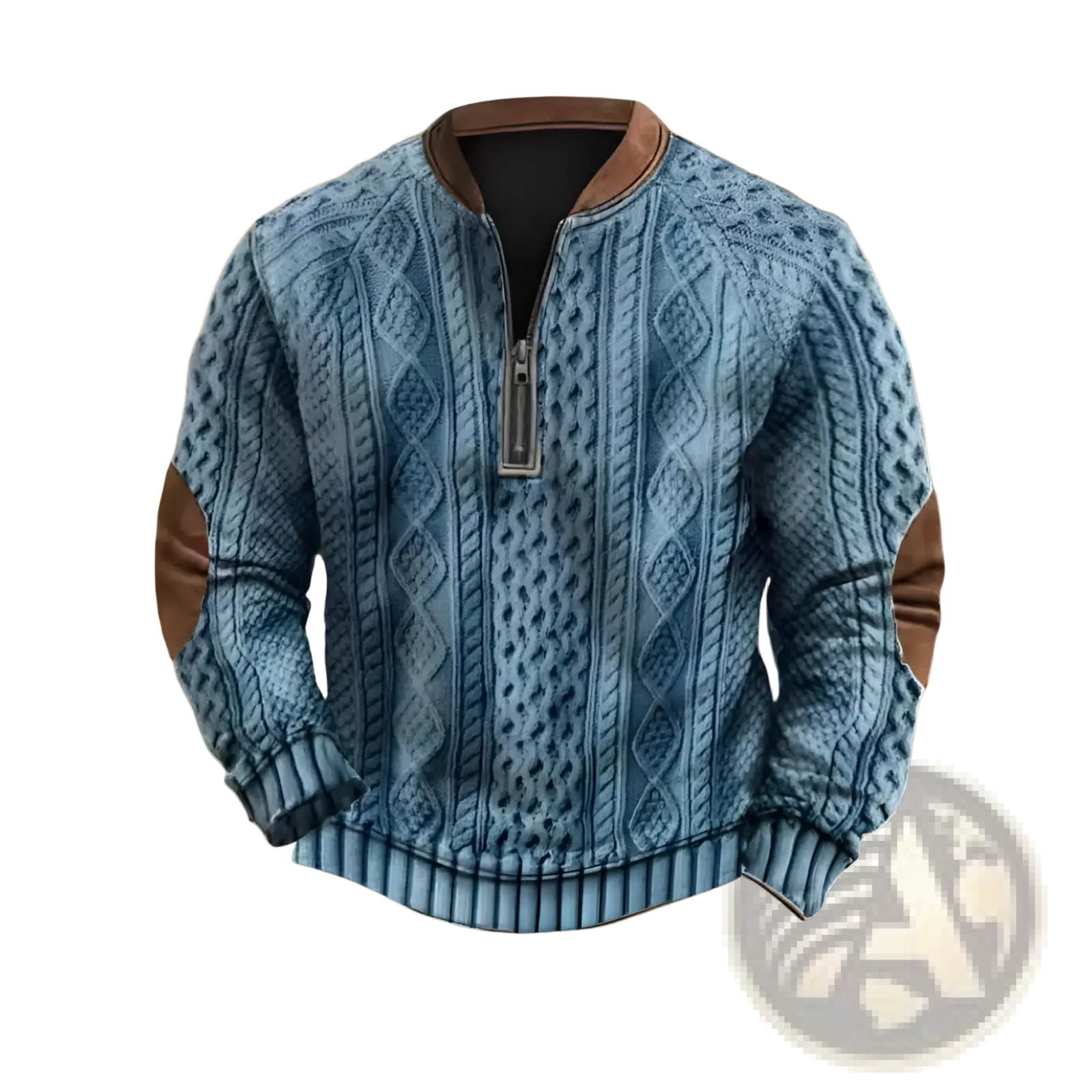 Men’s blue cable knit half zip sweater with brown leather accents on collar and sleeves for stylish warmth