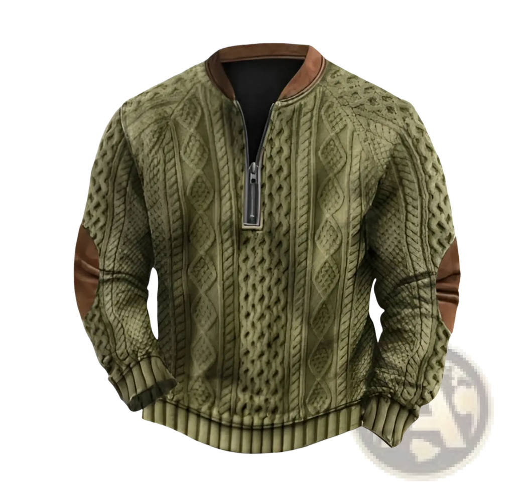 Men’s olive green cable knit half zip sweater with brown leather elbow patches and collar lining