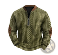 Men’s olive green cable knit half zip sweater with brown leather elbow patches and collar lining