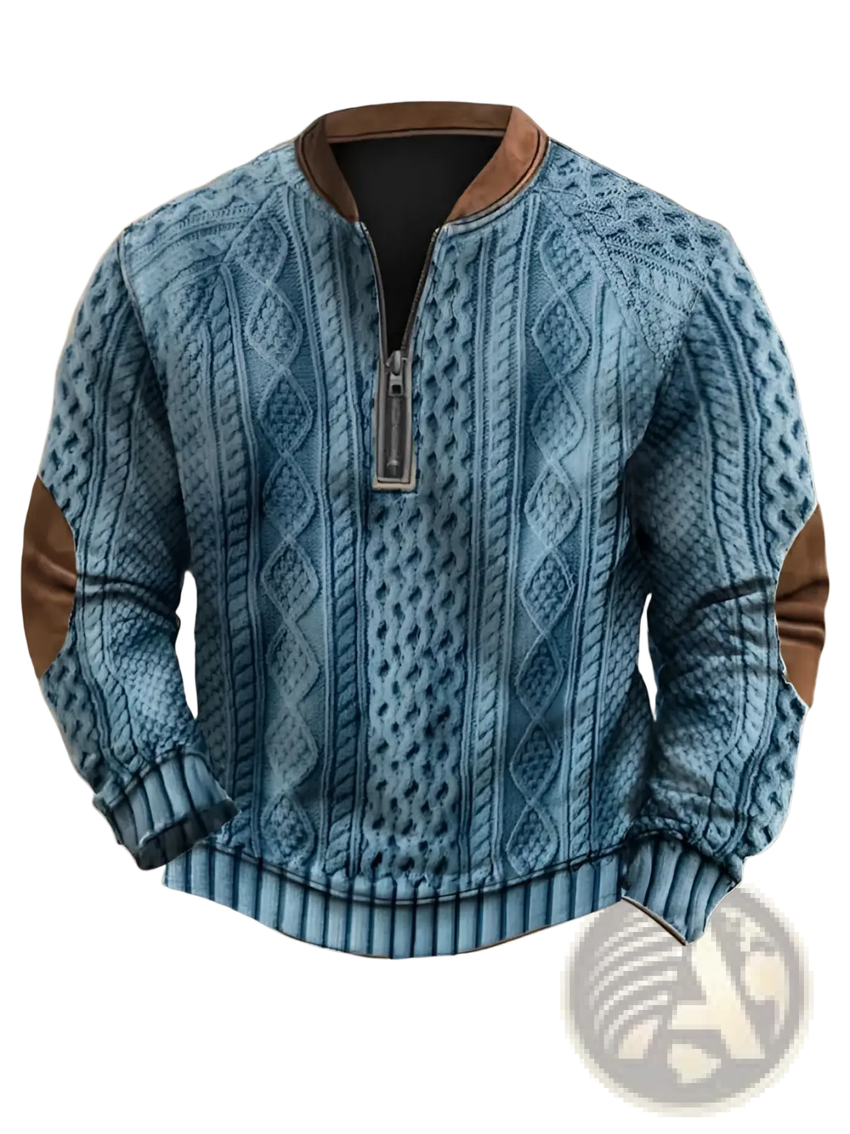 Men’s blue cable knit half zip sweater with brown leather trim on collar and elbow patches